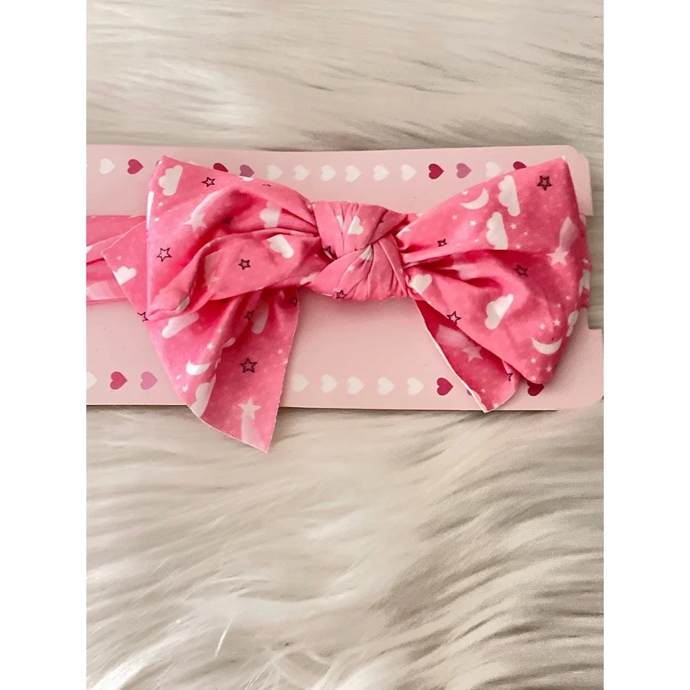 Baby Bow Bliss Pink knotted Headband Stretchy Soft Fabric White Celestial Print